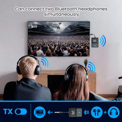Bluetooth Transmitter Receiver for Airplane, TVs, 2 in 1 Wireless Bluetooth 5.3 Adapter Compatible with 2 Headphones, Cell Phones, 3.5mm AUX Jack Car Transmitter with LED Digital Display - color: Black