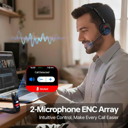 Work from Home Headset, Wireless Mic Headset for Office Noise Cancel Calls | One-Touch Mic Mute & 2.4G USB Dongle, Touch Screen Smart Dock, Work with Teams, Zoom & PC
