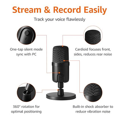 Amazon Basics Condenser Microphone for PC, Cardioid Pickup, USB Mic for Streaming, Recording, and Podcasting, 360° Adjustable Stand, Plug and Play, 5.8" x 3.4", Black
