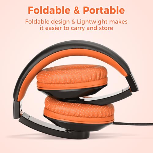 rockpapa Comfort+ Wired Kids Headphones with Microphone & 3.5mm for School - color: Orange/Black