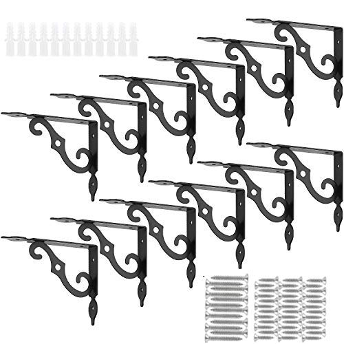 Acrux7 5.5 x 4.3 Inch Heavy Duty Black Metal Shelf Brackets - 12 Pack With Screws, L-Shaped Support Angle Brackets for Floating Shelves - size: 5.5“x4.3”, style: 12 pcs-black