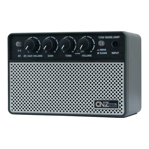 Rechargeable Wireless BT Mini Bass Guitar Amplifier 10 Watt Practice Amp 10,000Ah Battery, BT or Aux Input, Headphone Out, Clean, Gain, Tone & Volume Knobs, Dual Full Frequency Speakers
