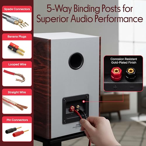Pyle 6.5" Home Audio Speakers, 2-Way Passive Bookshelf, 240W Max Power, 1" Silk Dome Tweeter, Composite Woofer, Gold Plated 5 Way Binding Post, Rubber Surrounds, Beautiful Wood Grain Finish - Pair - color: Cherry, size: 6 inch
