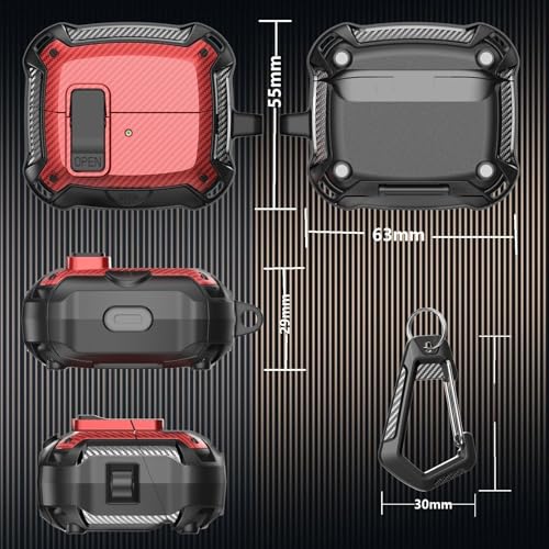 Compatible with Samsung Galaxy Buds 3 Pro Case/Bud3 Cover Lock Clip with Phone Stand for Men, Military Shell Galaxy Buds Pro 3/ Bud 3 Protective Armor Skin with with Cleaner Kit & Carabiner - color: ABlack/Red