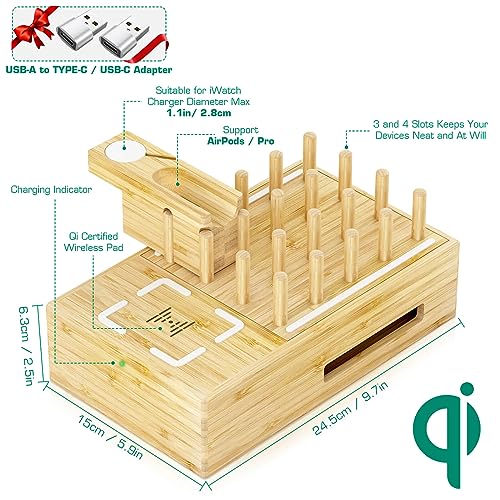 Bamboo Wireless Charging Station for Multiple Devices - Wood Docking Station Organizer, Qi Certified Fast Wireless Charger, 7 USB Charging Ports for Cellphone, Smart Watch, Earbuds, Tablet | Qi Certified Fast Wireless Charger, 7 USB Charging Ports for Pho