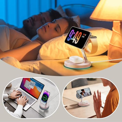 3 in 1 MagSafe Wireless Charger Stand for iPhone Apple Watch AirPods | Adjustable Blue Ambient Light,15W Magnetic Charging Station for iPhone 17 16 15 14 13 12 Series Wireless Charging Station - color: Pink