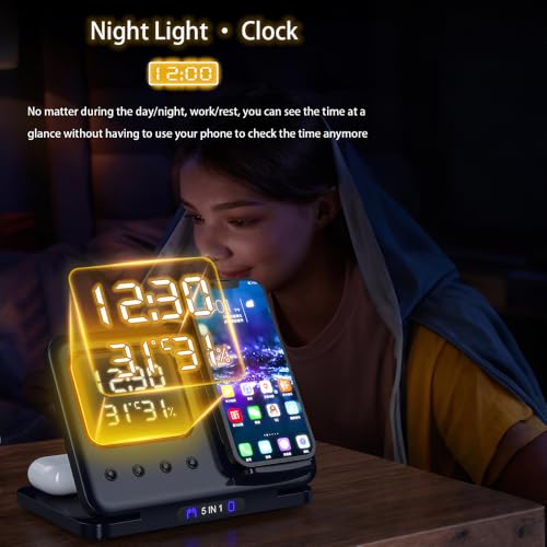 IHAO 5in1 Multi Functional Wireless Charging Station Digital Clock 15W Fast Charging Temperature Display Wireless Charger for All Qi Phone and TWS Headphone Compliant with Apple Watch-DH15 Black - color: 5in1 wireless Charger Station D15 Black