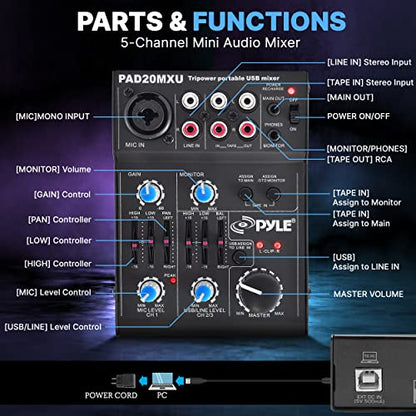 Pyle 5-Channel Rechargeable Mini Portable Audio Mixer – Compact Music Mixer DJ Controller with USB Interface, Slider EQ Controls, XLR Combo Mic Input, Rechargeable Battery, USB/Line/Master Controls - style: 5 Channel