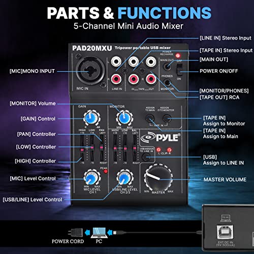 Pyle 5-Channel Rechargeable Mini Portable Audio Mixer – Compact Music Mixer DJ Controller with USB Interface, Slider EQ Controls, XLR Combo Mic Input, Rechargeable Battery, USB/Line/Master Controls - style: 5 Channel
