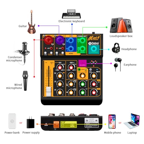 D Debra Audio Portable 4-Channel DJ Mixer, USB Bluetooth 48V Phantom Power