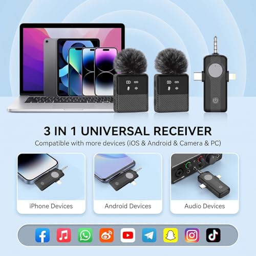 DORNLAT Wireless Lavalier Microphone, 3 in 1 Plug Play Lapel Mic for iPhone/Android/Camera, Noise Cancelling, Mini Compact Lavalier Mic for Vlog, YouTube, TikTok, Live Streaming, Record Interview