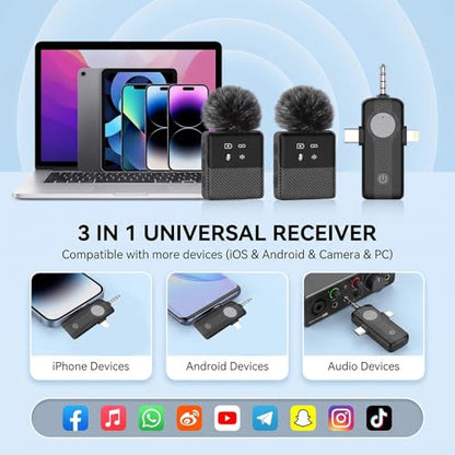 DORNLAT Wireless Lavalier Microphone, 3 in 1 Plug Play Lapel Mic for iPhone/Android/Camera, Noise Cancelling, Mini Compact Lavalier Mic for Vlog, YouTube, TikTok, Live Streaming, Record Interview