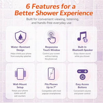 Water-Resistant Shower Phone Holder with Bluetooth Speaker, Wall Mounted Bathroom Phone Mount for Smartphones up to 7”, Touchscreen Compatible, Hands-Free for Shower & Kitchen (White Light-Up Button) - color: White Light-Up Button