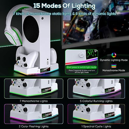 Upgraded Cooling Fan Stand for Xbox Series S with Charger Station | MENEEA Controller Charging Dock & Console Cooler System with 15 Colorful RGB Light & Headset Hook, Accessories for XSS