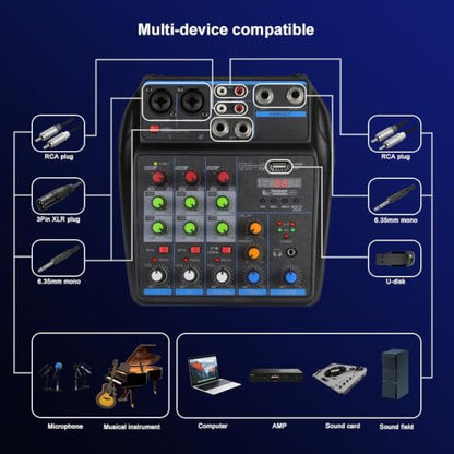 DJ Audio Mixer, DJ Mixers 4 Channel Sound Board with Bluetooth, Sound Mixer Board XRL/1/4" Interface, USB/MP3 Computer Input 48V Phantom Power Stereo DJ Studio Streaming KTV Stage