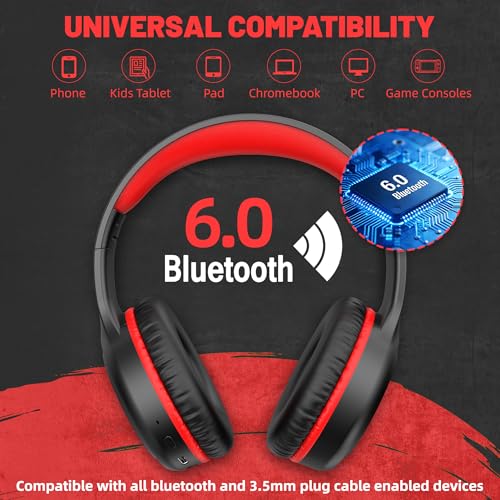 UKELALA U2B ANC Wired & Wireless Bluetooth 6.0 Headphones Foldable with Mic | Up to 30 Hrs Battery, Noise Canceling Foldable Lightweight Head phones with Volume Control‌ for Kids Adult School Black Red - color: Red/Black