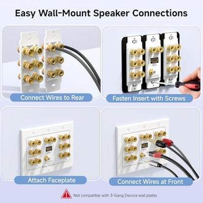 Cable Matters Triple Gang 7.1 Speaker Wall Plate with HDMI, White | HDMI Pass-through, Gold-Plated Binding Posts, Banana Plug Compatible, for Home Theater Wiring - style: 7.1-Speaker w/ HDMI