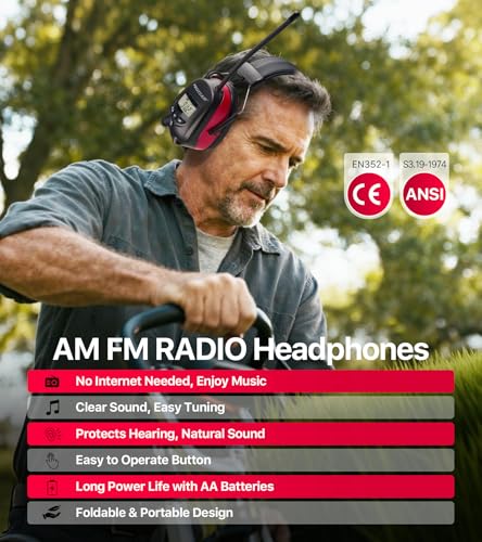 Digital AM FM Radio Headphones, Hearing Protection Earmuff for Adult, 30dB SNR for Mowing, Construction, Chainsaw - color: Am Fm Radio + Battery + Red