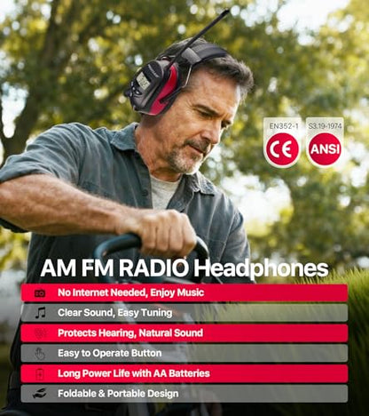 Digital AM FM Radio Headphones, Hearing Protection Earmuff for Adult, 30dB SNR for Mowing, Construction, Chainsaw - color: Am Fm Radio + Battery + Red