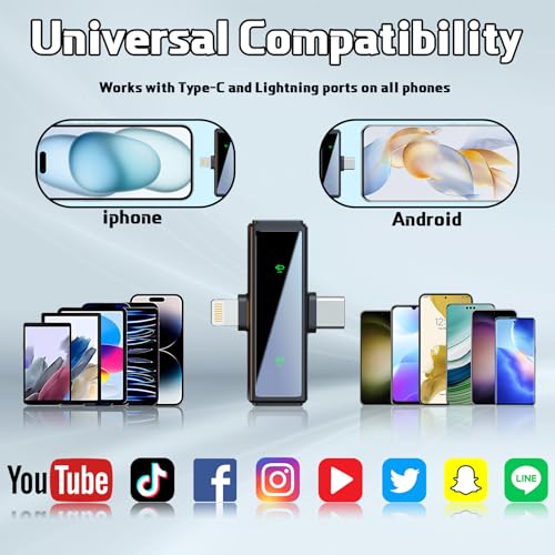 Wireless Lavalier Microphone with Noise Cancellation, 6 Hours of Battery, Wireless Mini Microphone for iPhone, Android, Record Interview, Vlogs