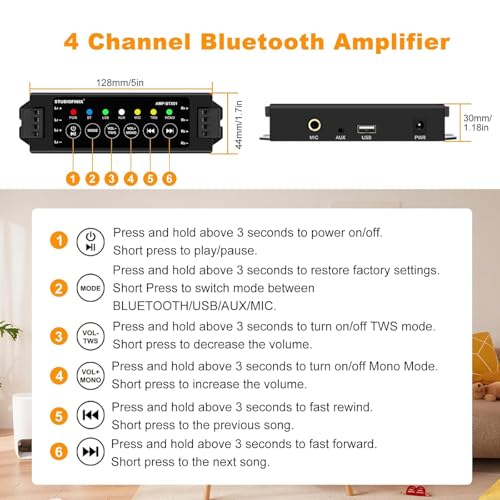 STUDIOFINIX 4-Channel Mini Amplifier with Wireless App & Infrared Remote Control, Bluetooth 5.0, USB/MIC/AUX/TWS Inputs and Power-Off Memory for Ceiling/Wall/Bookshelf/Garage