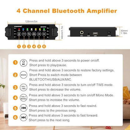 STUDIOFINIX 4-Channel Mini Amplifier with Wireless App & Infrared Remote Control, Bluetooth 5.0, USB/MIC/AUX/TWS Inputs and Power-Off Memory for Ceiling/Wall/Bookshelf/Garage