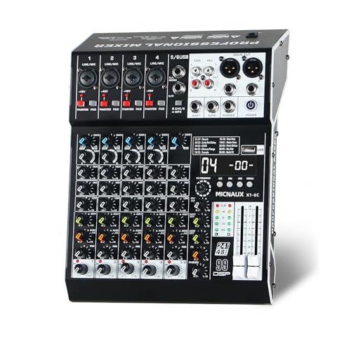 Audio Mixer 6 Channel Professional Sound Mixer Console with 99 DSP Effects, Mixing Board DJ Mixer w/USB, Bluetooth, 48V Power Supply, PAD Button for Recording Karaoke PA Drum Live Music