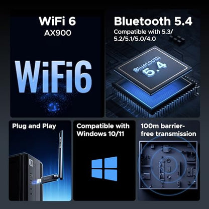 UGREEN 2-in-1 USB Bluetooth WiFi Adapter, AX900 + BT 5.4 WiFi 6 Adapter | 6dBi High Gain Antenna, 5GHz/2.4GHz Dual Band, Built-in Driver for Windows 10/11, for Desktop PC Laptop