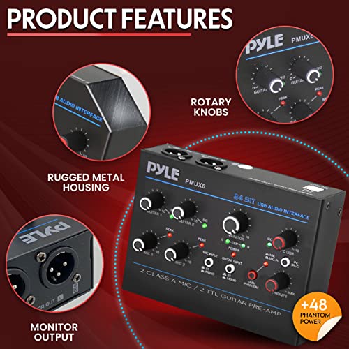 Pyle Professional USB Audio Interface with MIC, Guitar, AUX Stereo Inputs, Phone/Monitor Outputs, Ideal for Computer Playing & Recording, Compact Rugged Metal Housing - PMUX6 - style: Interface Basic