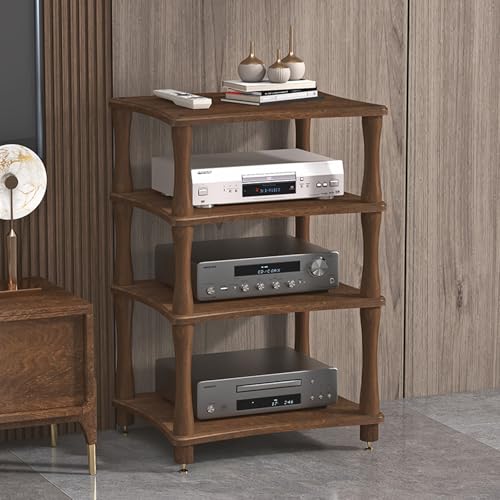 Amplifier Rack, Wood Audio Stand with Copper Shock Absorbing Feet, Open Component Audio Video Media Stand, Multi-Function Storage Shelf, Side Table, Bedside Table - color: Walnut Color