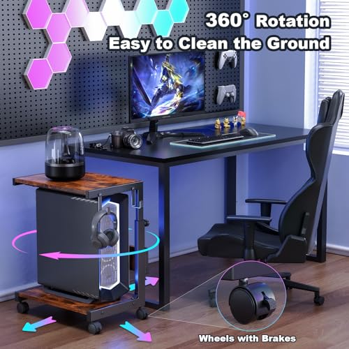 Computer Tower Stand with Charging Station, for Small and Mid-Tower PCs | Height Adjustable PC Stand with Wheel, CPU Holder with 2 AC Outlets + 2 USB Ports, 2-Tier Storage, Durable Metal Frame - color: Brown