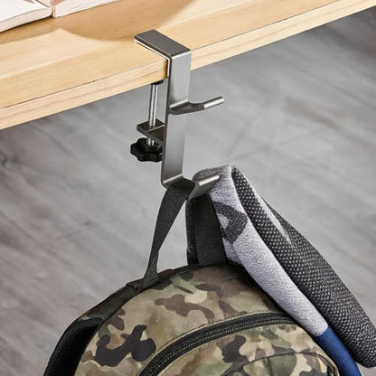 Headphone Holder for Desk, Double Hook Desk Hook, Bag Holder with Clamp for Table Desk Under Counter, Grey - color: Gray