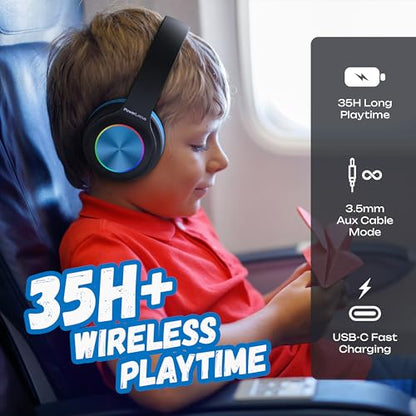 PowerLocus PLED Kids Bluetooth Headphones, Kids Wireless Headphones with LED Lights, 74/85/94dB Safe Volume, Micro SD, AUX Cable, Hi-Fi Stereo, Built-in Mic Over Ear Kid Headphone for Travel/Tablet/PC - color: Black/Blue