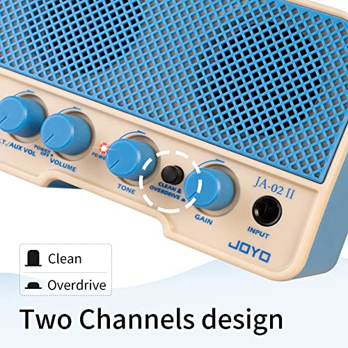 JOYO 5W Mini Guitar Amp Portable Electric Guitar Practice Amplifier with Bluetooth 5.0, Clean/Overdrive Channels, Rechargeable Battery, AUX & Headphone Out (JA-02 II Blue) - color: Blue