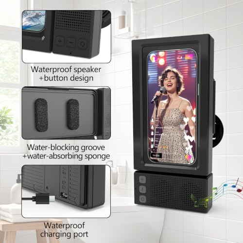 Shower Phone Holder with Wireless Bluetooth Speaker,- 480°Rotatable Retractable Adjustable Shower iPhone Case, Bathroom Wall Phone Stand Water Proof Anti Fog,Accessories for 4-7"Cellphones (Black)