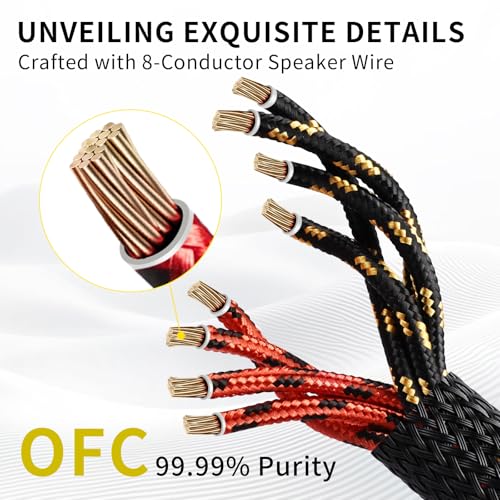 9 AWG 2-Pack Speaker Cable with 2 Banana Plugs to 4 Spades Per Cable | 99.99% OFC Core, 24K Gold-Plated Plugs, Ferrite Cores, Speaker Wire with Connectors for Amplifiers, Home Theater, 4.92ft/1.5m - size: 9.84ft/3m