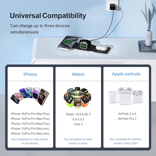 3 in 1 Charging Station for Multple Devices,Foldable 3 in 1 Wireless Charger for Travel,Nano Wireless Charging Station for iPhone16 15 14 13 12 Pro Max/Watch 10 9 8 7 6 5 4 3 Ultra/AirPod Pro - color: Black
