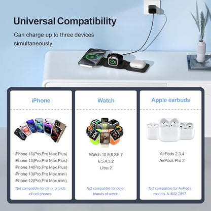 3 in 1 Charging Station for Multple Devices,Foldable 3 in 1 Wireless Charger for Travel,Nano Wireless Charging Station for iPhone16 15 14 13 12 Pro Max/Watch 10 9 8 7 6 5 4 3 Ultra/AirPod Pro - color: Black