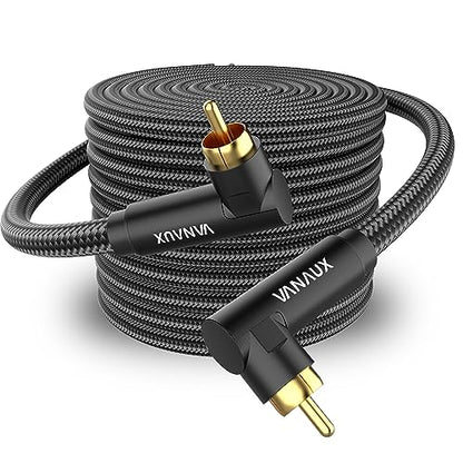 VANAUX Subwoofer Cable Double 90 Degree RCA to RCA Audio Stereo Cable Male to Male 24K Gold Plated Connector Nylon Braided Double Shielded Clean Sounding Signal Black/15ft/5m - color: Double 90°Design RCA, size: 15ft/5m