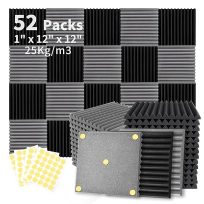 Focusound 52 Pack Black GreyAcoustic Foam Panels 1" x 12" x 12" Sound Proof Foam Panles Soundproofing Noise Cancelling Wedge Panels for Home Office Recoding Studio with 300PCS Double-Side Adhesive - size: 52 Pack BlackGrey