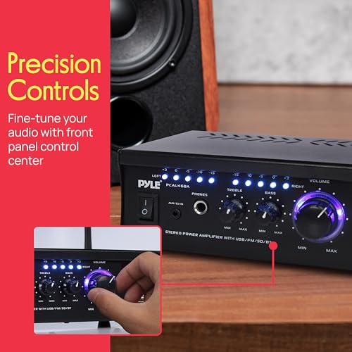 Pyle Bluetooth Computer Speaker Amplifier - 2x120 Watt Home Stereo Power Amplifier Home Audio Receiver System W/Blue Led Display, USB/SD, AUX, RCA, Headphone Jack - Remote - PCAU46BA.5