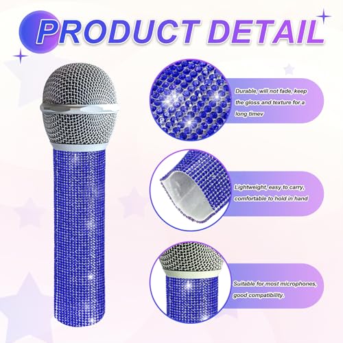 MECCANIXITY Blue Mic Handle Cover, Rhinestones Microphone Handle for Most Universal Wireless Microphones, Mic Not Included(with Black Velvet Bag) - color: Blue Black
