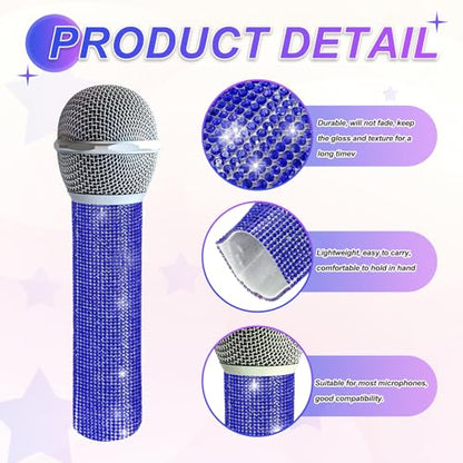 MECCANIXITY Blue Mic Handle Cover, Rhinestones Microphone Handle for Most Universal Wireless Microphones, Mic Not Included(with Black Velvet Bag) - color: Blue Black