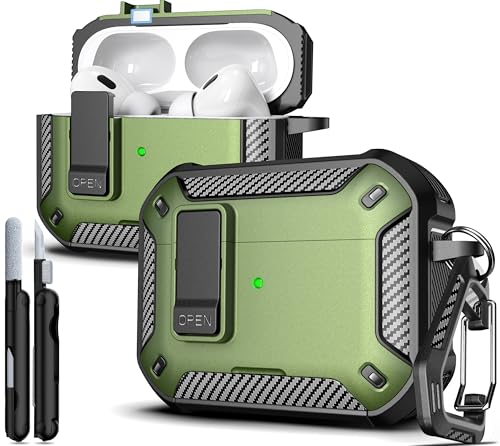 for AirPods Pro 2 Case with Lock Magnetic Lid, Military Green | Compatible with AirPods Pro 2nd Generation and AirPods Pro 1st Generation (2019) Case with Cleaner Kit & Carabiner, MagSafe - color: FK-Military Green, size: Airpoods Pro 1st/2nd Generation