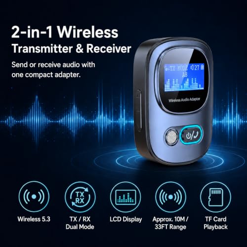 3.5mm Aux Bluetooth Adapter, Car Audio Transmitter and Receivers | Bluetooth Receiver for Home Stereo, Headphones, TV, Support Hands-Free Call, TF Card, Mp3 Player, 10m Transmission Distance