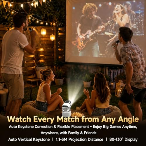 Projector with WiFi and Bluetooth, 1080P Projector for Bedroom | 180° Rotatable Smart Projector, 2 Wireless Microphones Included, Compatible with HDMI, USB, iOS, Android, Windows, TV Stick