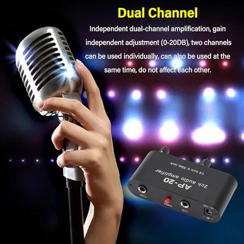 GOWENIC Dual Channel Sound Amplifier, 1/4 Inch 6.35mm Sound Preamplifier with Balanced Inputs Independent Adjustment Compatible with Sound Instruments, Amplifiers, Microphones