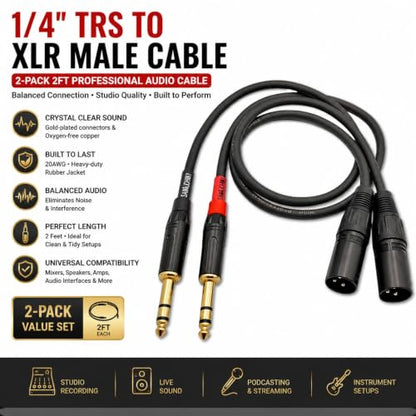 Sam&Johnny 1/4 TRS to XLR Male Cable 2-Pack, Balanced, 2ft | 20AWG Gold-Plated OFC Connectors | For Studio Monitor, Microphone, Karaoke, Amplifier, Guitar | Noise-Free Balanced Signal