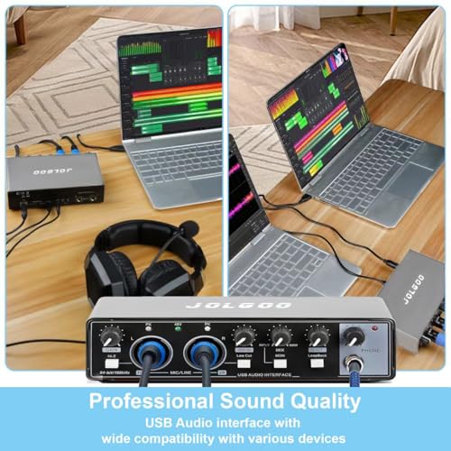 USB Audio Interface, Jolgoo 24-Bit/192kHz Plug & Play Recording Sound Card | 24-Bit/192kHz Resolution, Plug and Play, XLR Line In, Low Latency for PC Mac Smartphone