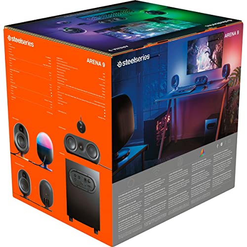 SteelSeries Arena 9 Illuminated 5.1 Desktop Gaming Speakers – 5.1 USB Surround Sound – Wireless Rear Speakers – 2-Way Speaker Design – Subwoofer – RGB Light, Bluetooth – PC, PlayStation, Mobile, Mac - style: Arena 9